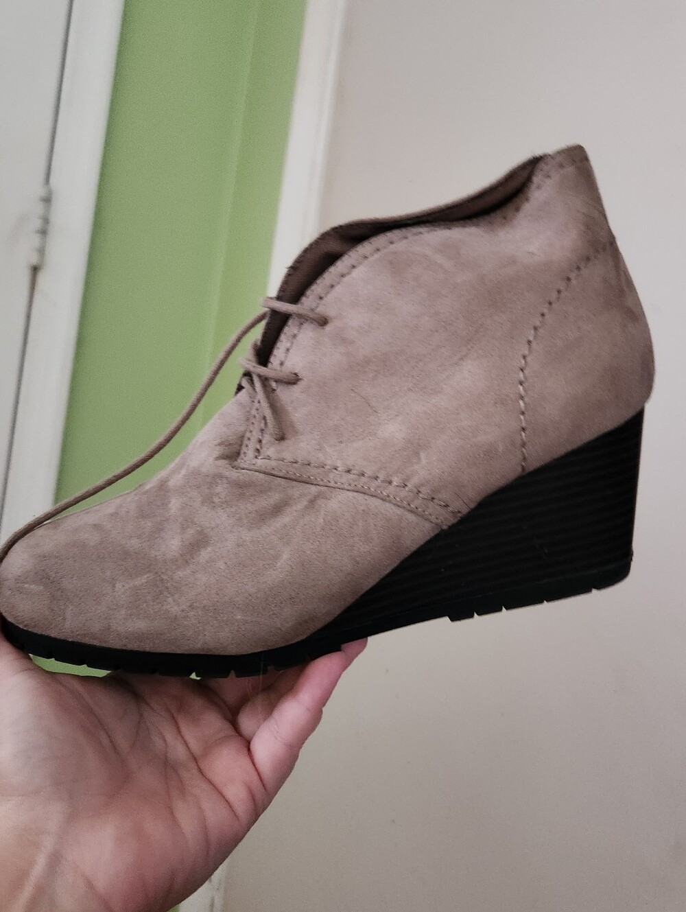 Wedge Lace-Up Ankle Boot in Taupe